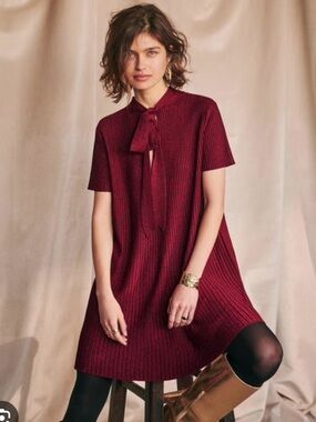 Sezane Rare Burgundy Red Ribbed Eleanor Tie-Neck Mini Dress